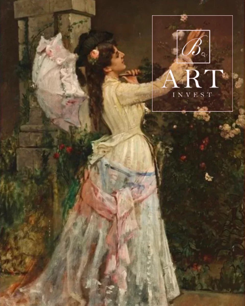 Huile sur toile « élégante à l’ombrelle », école belge vers 1890.
