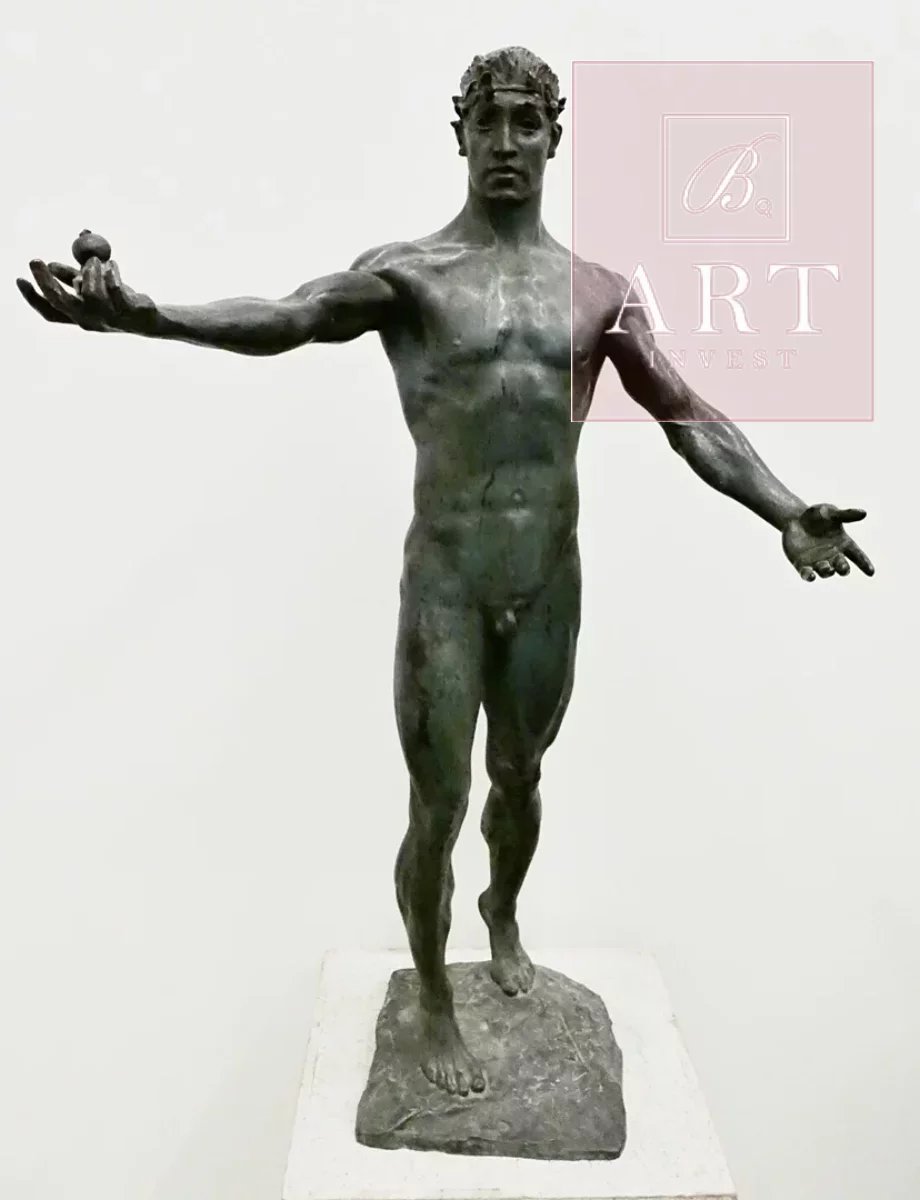 Grande sculpture en bronze à patine verte signée Louis Mascré, fondeur Verbeyst. H: 100cm.