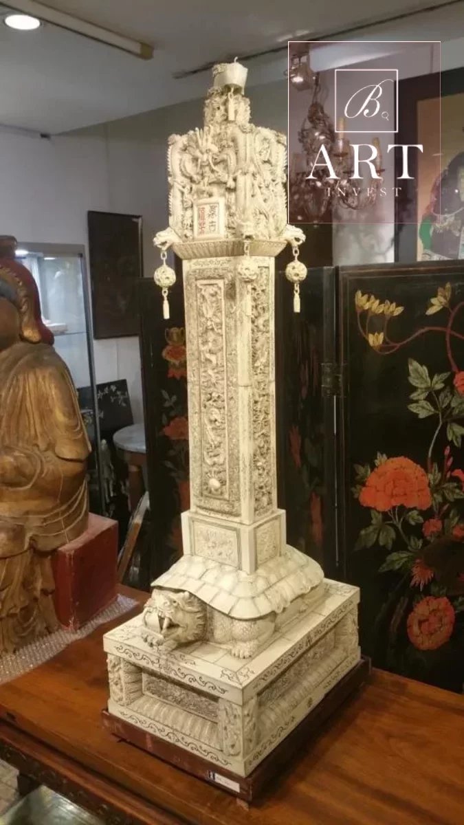 A massive 19th century chinese carved ivory stele.